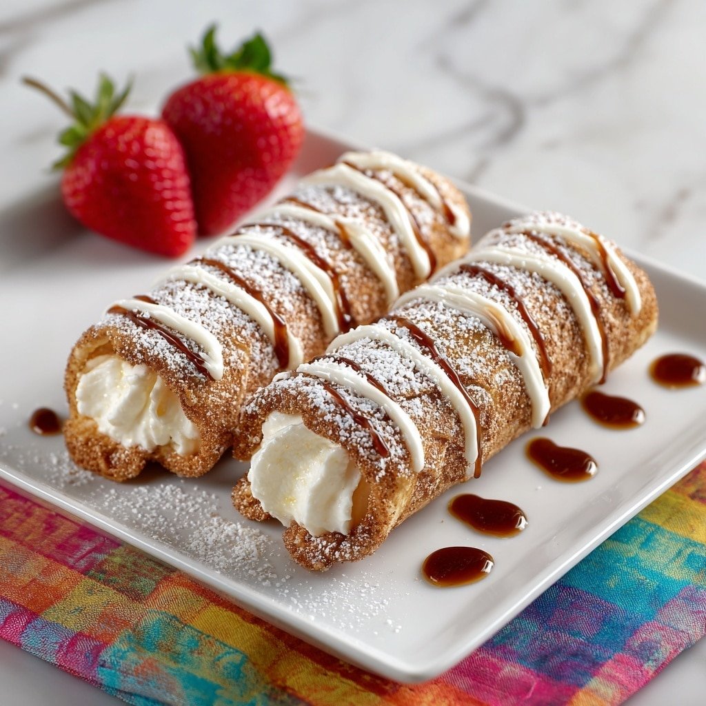 Three rolled pastries are placed side by side on a square white plate, each roll showing a cream-filled center with a light golden brown outer layer dusted with powdered sugar and cinnamon. Thin white icing is drizzled in parallel lines across the tops of the rolls. Beneath them, small pools of dark caramel sauce add contrast. In the background, three bright red strawberries with green tops sit on the plate, and the plate is set on a white marbled surface with a colorful cloth partially visible underneath. Photo taken with an iphone --ar 1:1 --v 7 — Cinnamon Roll French Toast Roll-Ups, easy cinnamon breakfast ideas, quick breakfast recipes, cinnamon roll-inspired breakfast, indulgent brunch favorites