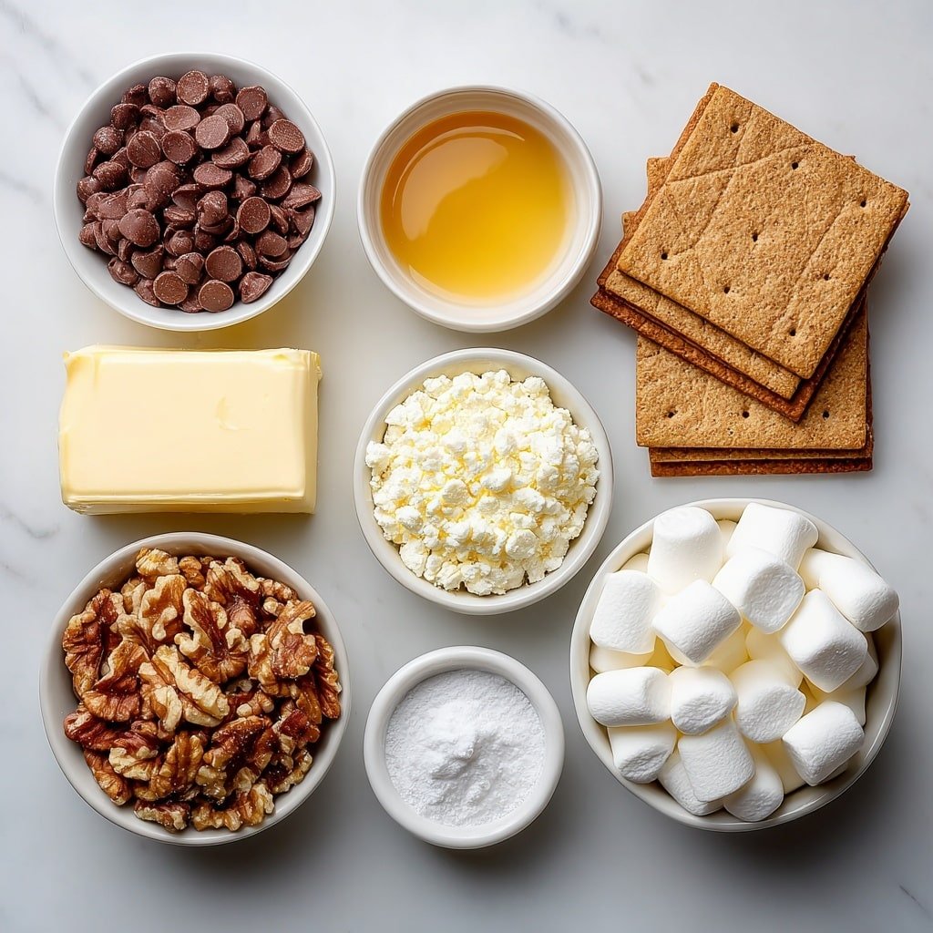 No-Bake Rocky Road Squares Recipe - Ingredients Image — No-Bake Rocky Road Squares, Rocky Road Squares recipe, easy no-bake chocolate squares, homemade rocky road bars, no-bake dessert ideas