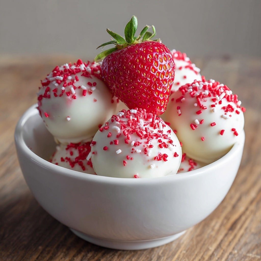 Strawberry Cake Balls with White Chocolate Coating Recipe - Article Image 2 — Strawberry Cake Balls with White Chocolate Coating, strawberry cake balls, white chocolate cake truffles, easy strawberry dessert, festive cake ball recipe