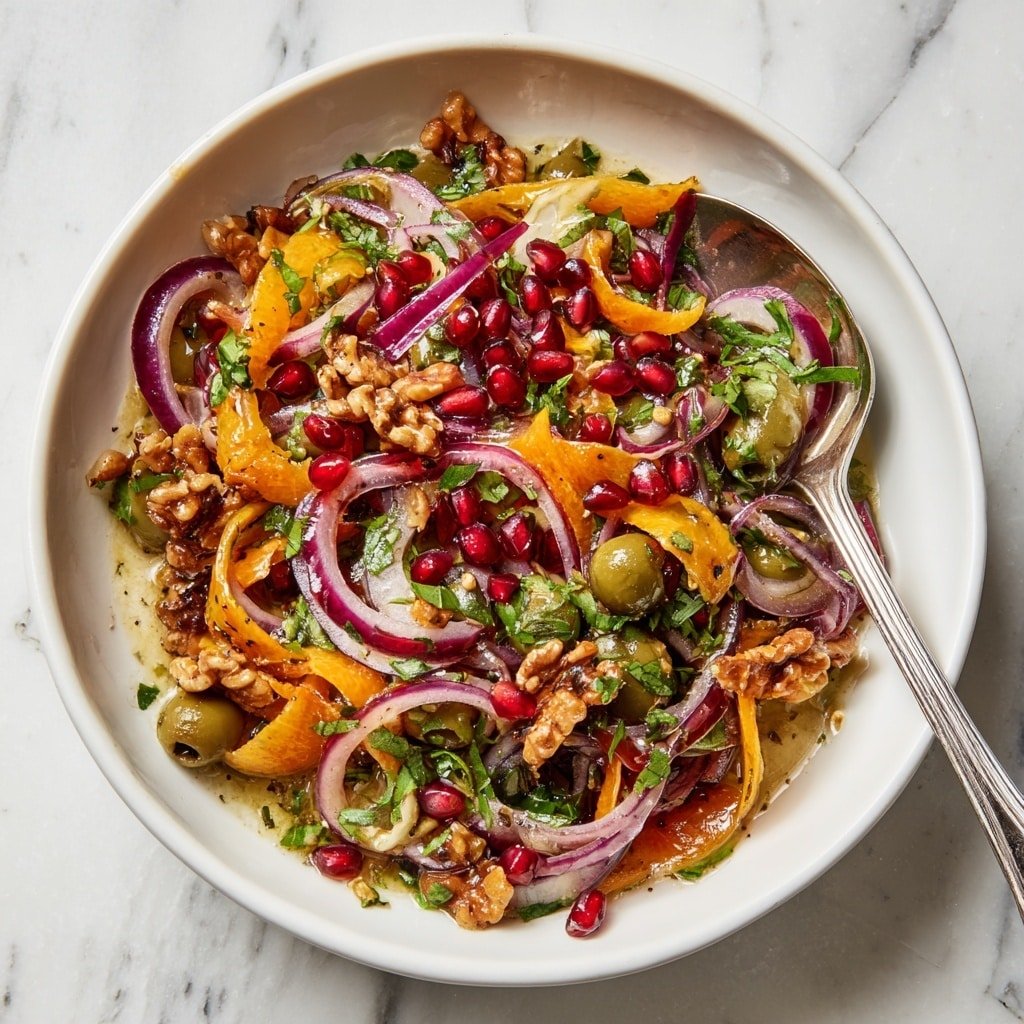 Olive Pomegranate Walnut Salad Recipe - Article Image 1 — Olive Pomegranate Walnut Salad, Healthy colorful salad ideas, Easy Mediterranean salad, Vibrant fruit and nut salad, Quick veggie and fruit salad