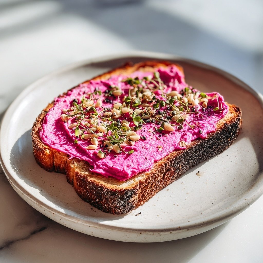 Pink Beet Hummus Toast Recipe - Article Image 1 — Pink Beet Hummus Toast, healthy beet hummus dish, vibrant toast recipe, easy vegetarian snack, colorful summer appetizer