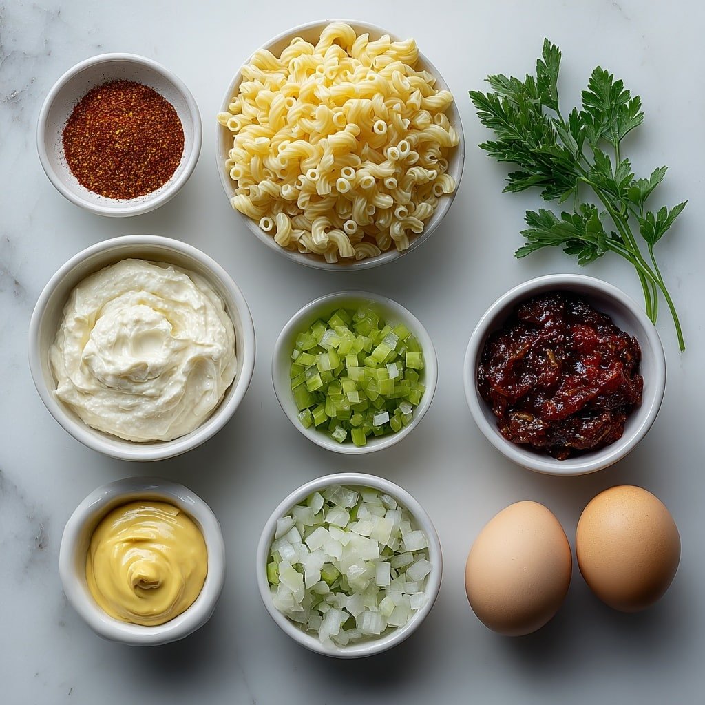 Dolly Parton's Macaroni Salad Recipe - Ingredients Image — Dolly Parton's Macaroni Salad, Southern macaroni salad, easy macaroni salad recipe, creamy macaroni salad, classic picnic side dish