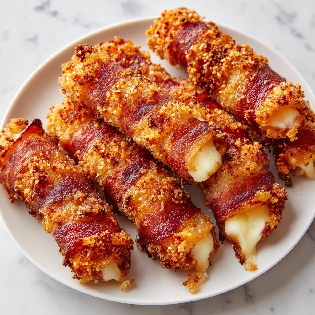 Crispy Bacon-Wrapped Mozzarella Sticks Recipe - Article Image 1 — Crispy Bacon-Wrapped Mozzarella Sticks, bacon-wrapped cheese snacks, mozzarella stick recipes, cheesy bacon appetizers, easy appetizer recipes