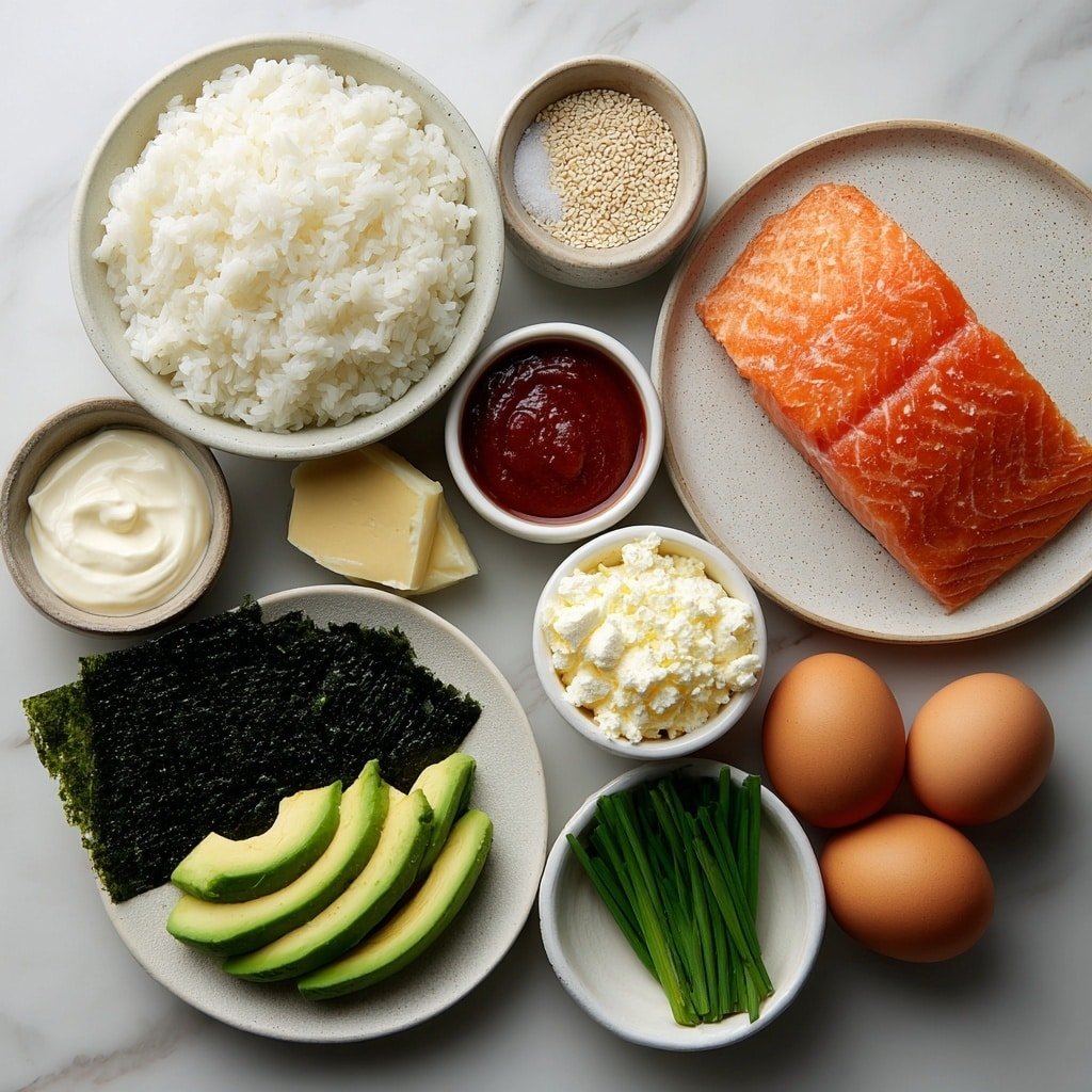 Baked Salmon Sushi Casserole Recipe - Ingredients Image — Baked Salmon Sushi Casserole, salmon sushi bake, baked salmon casserole, sushi-inspired salmon dish, comforting salmon dinner