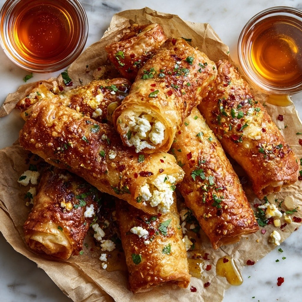 Oven-Fried Feta Rolls with Chili Honey Recipe - Article Image 1 — Oven-Fried Feta Rolls with Chili Honey, Mediterranean appetizer with feta and phyllo, easy baked feta snacks, spicy honey dip, cheesy oven-baked rolls