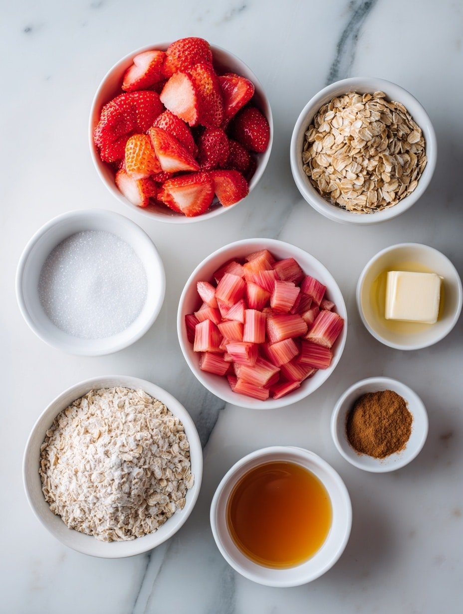 Strawberry Rhubarb Crisp Recipe - Ingredients Image — Strawberry Rhubarb Crisp, Strawberry Rhubarb Crisp Recipe, how to make strawberry rhubarb crisp, easy strawberry rhubarb dessert, healthy strawberry rhubarb crisp