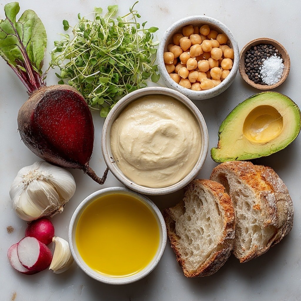 Pink Beet Hummus Toast Recipe - Ingredients Image — Pink Beet Hummus Toast, healthy beet hummus dish, vibrant toast recipe, easy vegetarian snack, colorful summer appetizer