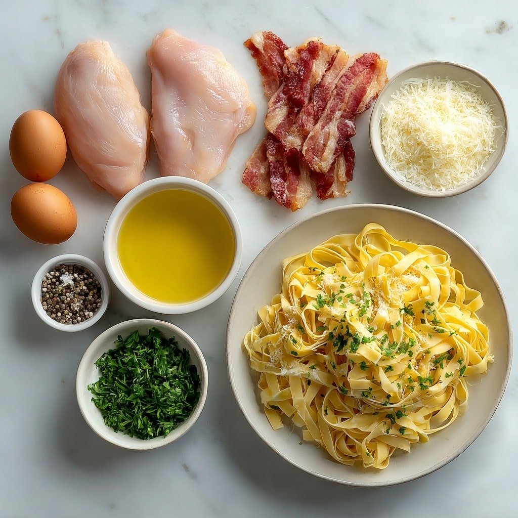 Chicken Carbonara Pasta Recipe - Ingredients Image — Chicken Carbonara Pasta, easy chicken pasta recipe, creamy carbonara sauce, comforting Italian pasta, quick dinner recipes