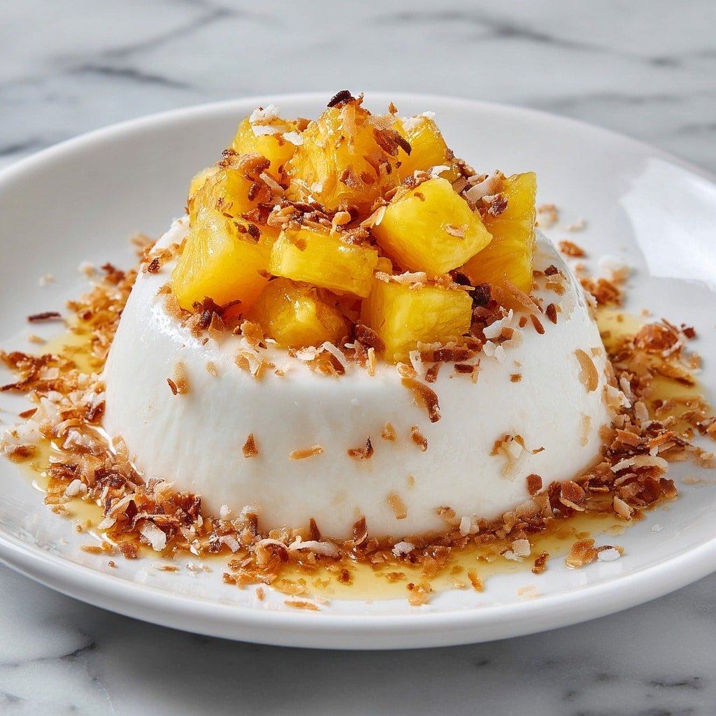 Coconut Cream Panna Cotta with Pineapple Recipe - Article Image 1 — Coconut Cream Panna Cotta with Pineapple, tropical panna cotta dessert, easy coconut panna cotta, fruity pineapple dessert, creamy coconut pudding
