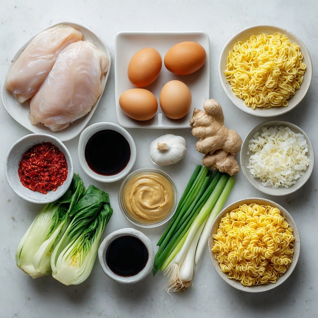 Peanut Miso Chicken Ramen Recipe - Ingredients Image — Peanut Miso Chicken Ramen, easy ramen recipe, hearty chicken noodle soup, healthy Japanese ramen, comforting ramen bowl