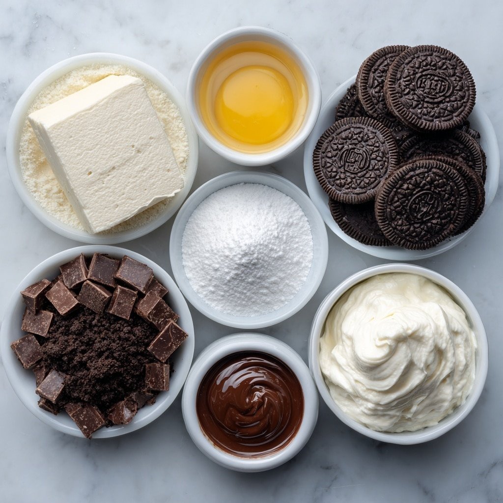 No-Bake Chocolate Oreo Cheesecake Recipe - Ingredients Image — No-Bake Chocolate Oreo Cheesecake, chocolate Oreo cheesecake, easy no-bake cheesecake, creamy Oreo dessert, no-bake chocolate dessert