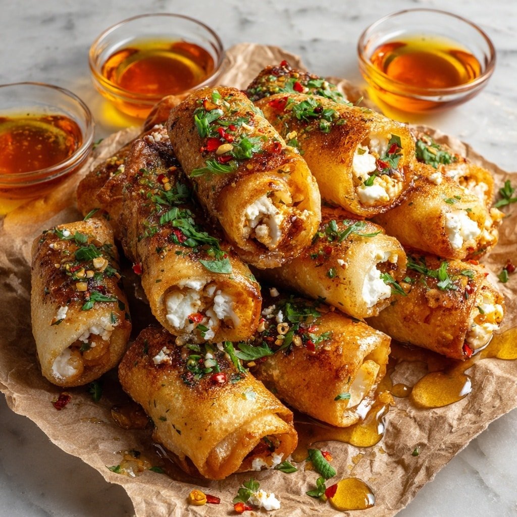 Oven-Fried Feta Rolls with Chili Honey Recipe - Article Image 2 — Oven-Fried Feta Rolls with Chili Honey, Mediterranean appetizer with feta and phyllo, easy baked feta snacks, spicy honey dip, cheesy oven-baked rolls