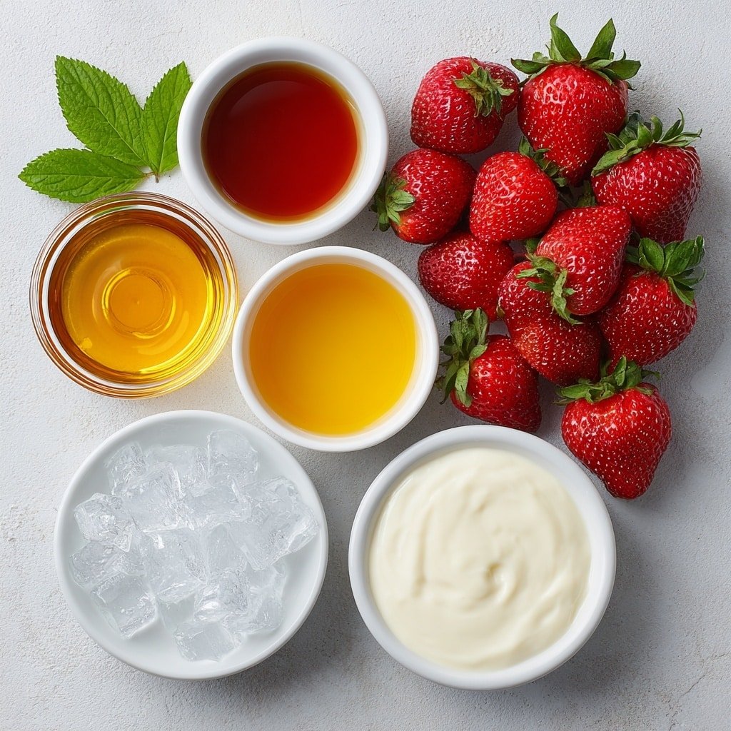 Vegan Strawberry Milkshake Recipe - Ingredients Image — Vegan Strawberry Milkshake, dairy-free strawberry smoothie, healthy vegan milkshake, easy vegan milkshake recipe, summer fruit drink