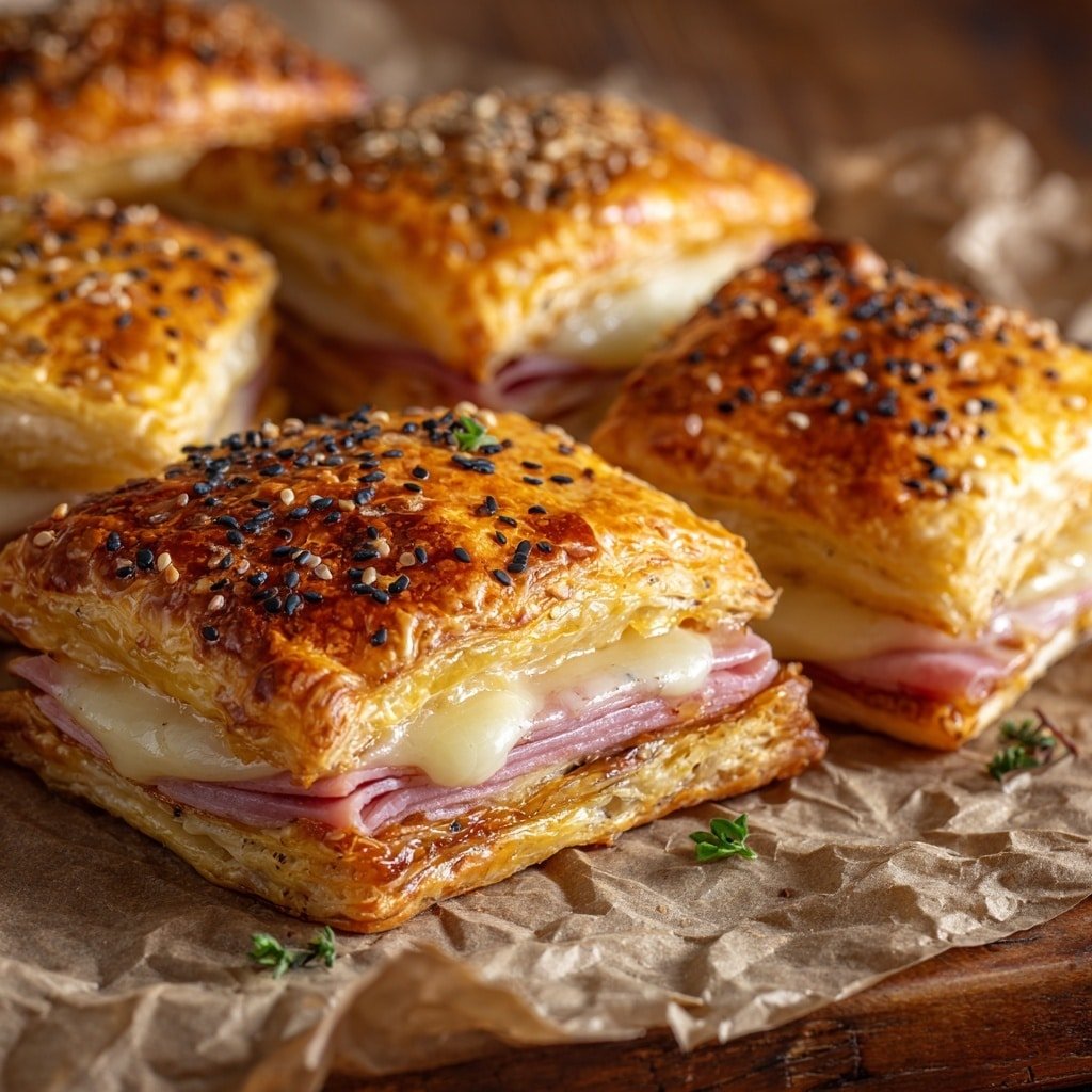 Ham and Cheese Puff Pastry Bites Recipe - Article Image 2 — Ham and Cheese Puff Pastry Bites, savory puff pastry appetizers, easy savory snack recipes, flaky ham and cheese parcels, quick party appetizer ideas