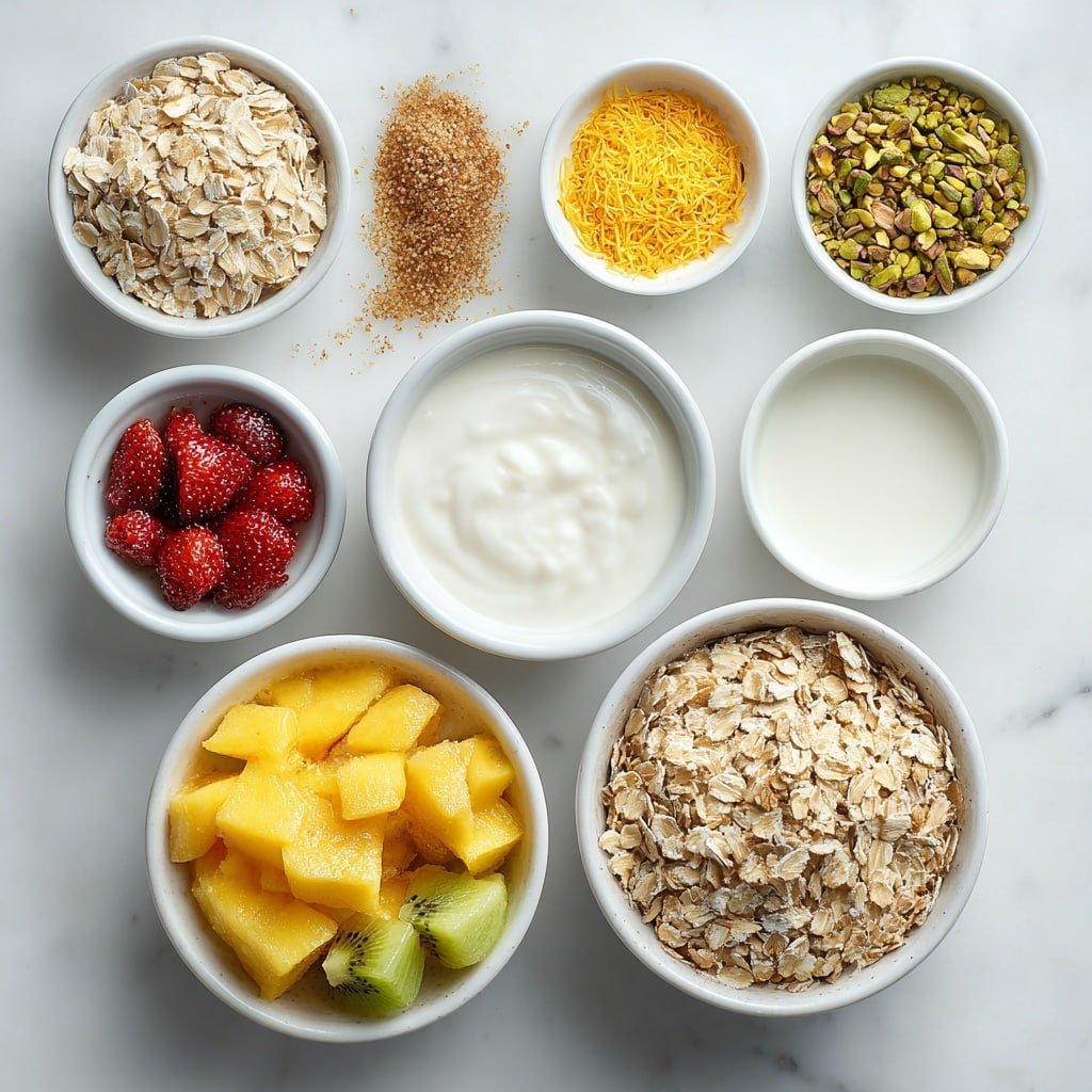 Kulfi-Inspired Overnight Oats Recipe - Ingredients Image — Kulfi-Inspired Overnight Oats, Indian-inspired healthy breakfast, saffron cardamom oats, overnight oats with nuts and spices, fragrant breakfast recipes