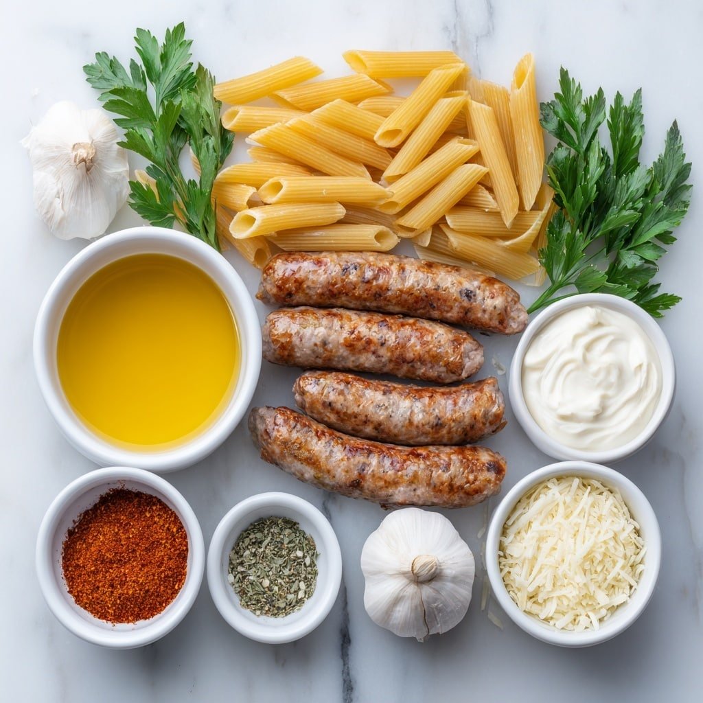 Creamy Cajun Sausage Pasta Recipe - Ingredients Image — Creamy Cajun Sausage Pasta, Cajun sausage pasta recipe, easy Cajun pasta dish, hearty creamy sausage pasta, quick weeknight dinner ideas