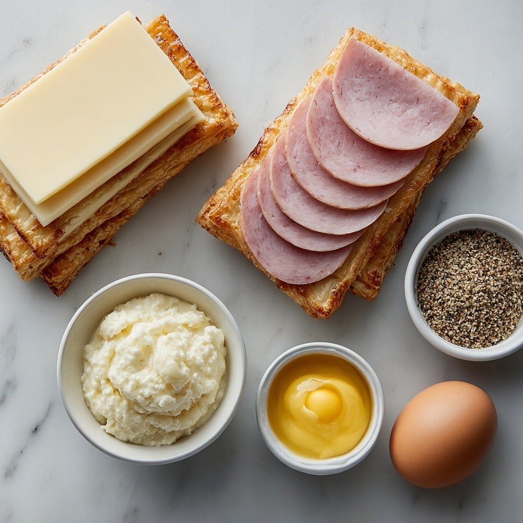 Ham and Cheese Puff Pastry Bites Recipe - Ingredients Image — Ham and Cheese Puff Pastry Bites, savory puff pastry appetizers, easy savory snack recipes, flaky ham and cheese parcels, quick party appetizer ideas