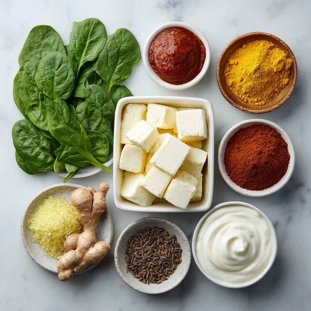 Quick Spinach Paneer Curry Recipe - Ingredients Image — Quick Spinach Paneer Curry, healthy spinach paneer dish, easy Indian curry recipe, quick vegetarian dinner, flavorful spinach curry