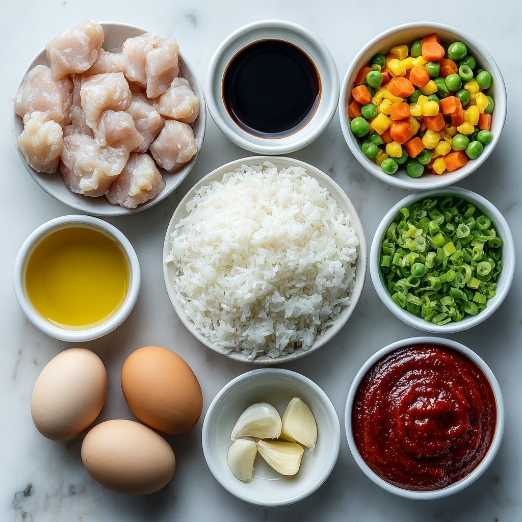 Easy Chicken Fried Rice Recipe - Ingredients Image — Easy Chicken Fried Rice, quick chicken fried rice, homemade chicken fried rice, simple fried rice recipe with chicken, flavorful chicken fried rice