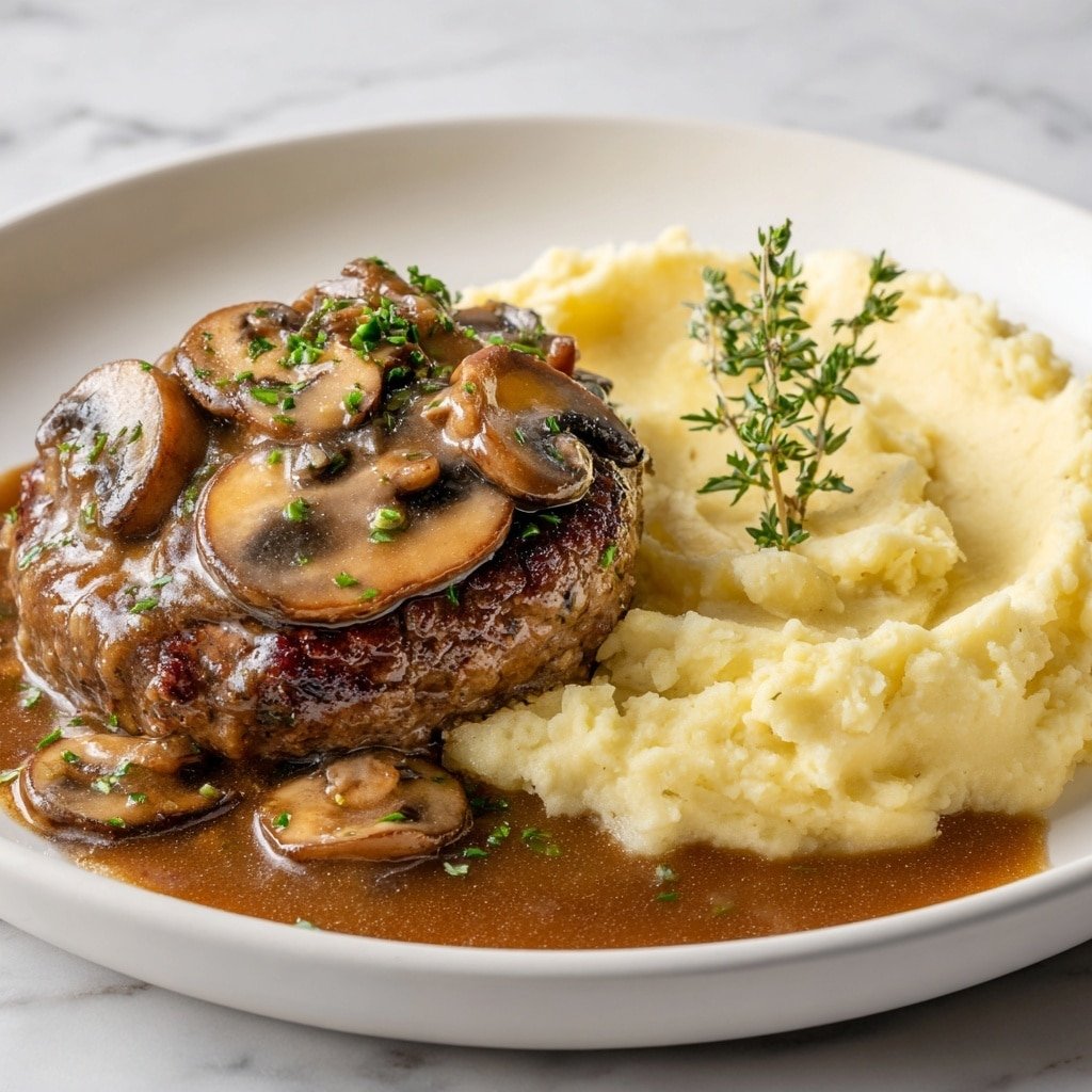 Beef Salisbury Steak with Mushroom Gravy Recipe - Article Image 2 — Beef Salisbury Steak with Mushroom Gravy, Salisbury Steak recipe, Homemade Salisbury Steak with Mushrooms, Comforting Beef Patties, Easy Mushroom Gravy Dinner