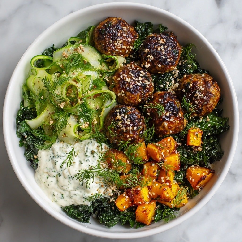 Herb Chicken Meatball Bowl Recipe - Article Image 1 — Herb Chicken Meatball Bowl, healthy chicken meatball bowls, easy dinner recipes, flavorful bowl meals, roasted sweet potato bowls
