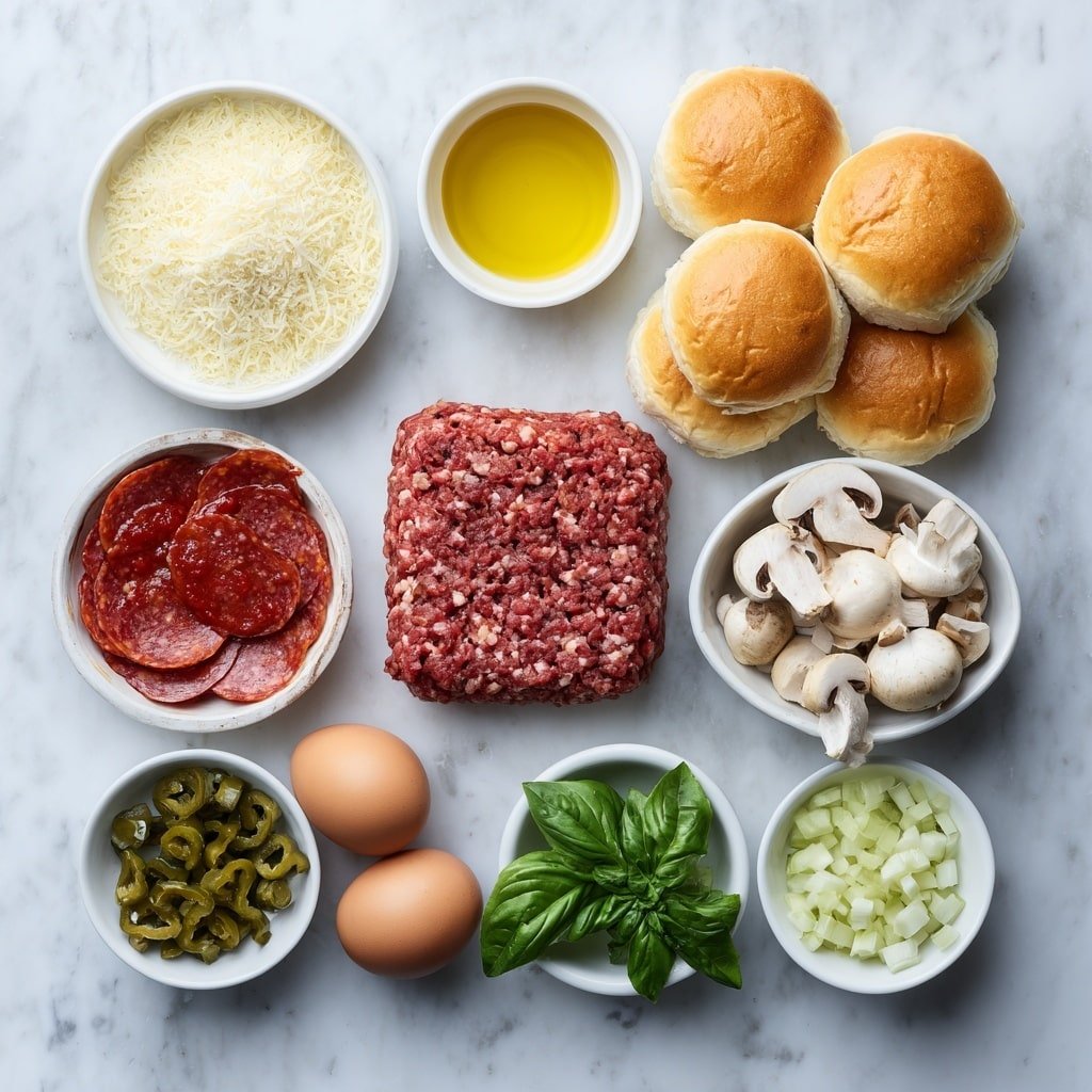 Pizza Burgers Recipe - Ingredients Image — Pizza Burgers, pizza burger recipe, Italian-inspired burgers, easy homemade pizza burgers, savory pizza burger ideas