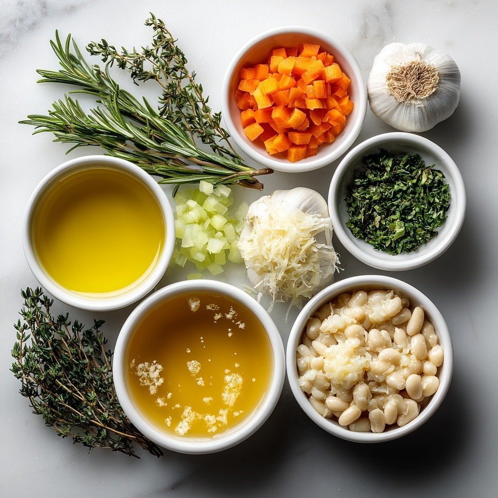 Flat lay of a small cluster of glossy green rosemary sprigs, a handful of fresh curly parsley leaves, three plump unpeeled garlic cloves, a small mound of finely chopped bright green thyme leaves, a small thumb-sized pile of diced orange carrots, a neat pile of diced pale green celery, a small heap of diced translucent white onions, a small white ceramic bowl filled with golden olive oil, a similar bowl holding clear pale yellow lemon juice, a small bowl with finely grated pale yellow parmigiano reggiano, a larger bowl filled with smooth white raw cannellini beans, and a larger white bowl containing rich golden chicken broth, all arranged symmetrically and balanced on a clean white marble surface, soft natural light, photo taken with an iPhone, professional food photography style, fresh ingredients, white ceramic bowls, no bottles, no duplicates, no utensils, no packaging --ar 1:1 --v 7 --p m7354639359234015250 — White Bean Rosemary Soup, hearty vegetarian soup, easy bean soup recipe, comforting winter soup, fragrant herb soup
