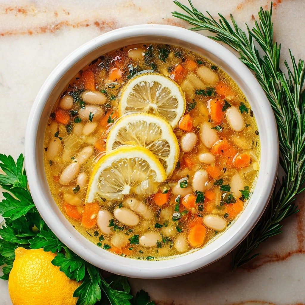 A white bowl filled with clear vegetable soup containing small white beans, orange carrot cubes, and green herb pieces in a light broth, topped with two thin lemon slices placed on the edge. The bowl rests on a white marbled surface with fresh green parsley leaves at the bottom and a sprig of rosemary and a whole lemon placed nearby. The soup shows a slight shine from the broth and small bubbles throughout. photo taken with an iphone --ar 1:1 --v 7 — White Bean Rosemary Soup, hearty vegetarian soup, easy bean soup recipe, comforting winter soup, fragrant herb soup