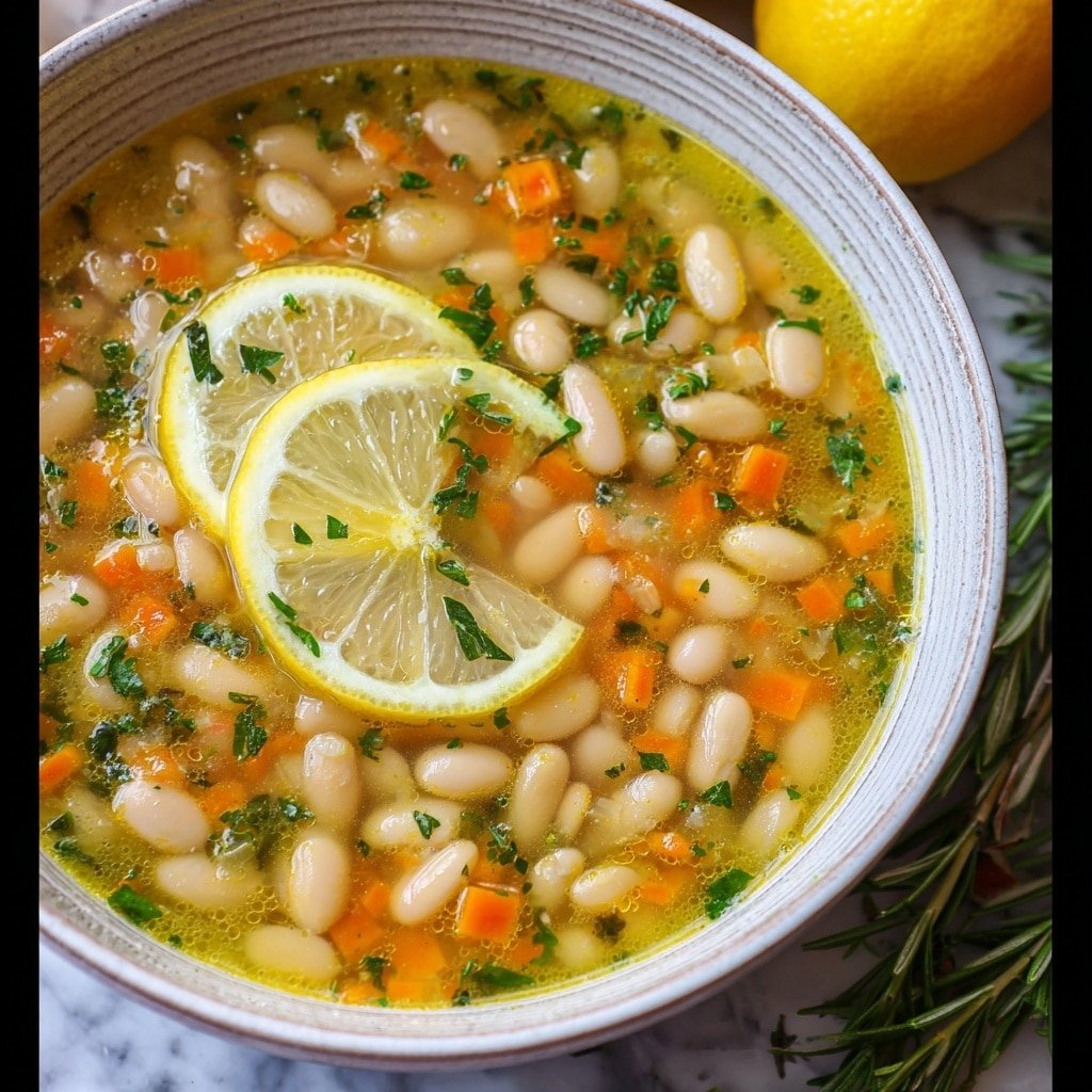 Two clear plastic cups filled with a yellow broth soup containing white beans, small orange carrot cubes, and small green herb pieces floating throughout. The cups are positioned on a wooden surface next to a whole yellow lemon and green rosemary sprigs. The broth has small bubbles on top and the beans and vegetables are in layers, mostly submerged. The background is a white marbled texture. photo taken with an iphone --ar 1:1 --v 7 — White Bean Rosemary Soup, hearty vegetarian soup, easy bean soup recipe, comforting winter soup, fragrant herb soup