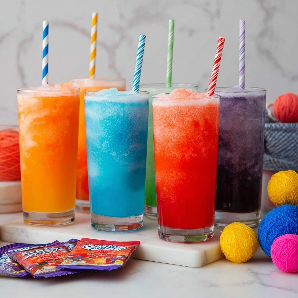 The image shows six tall clear glasses filled with brightly colored frozen drinks, each with a striped paper straw in different colors. From left to right, the first drink is bright orange with a blue and white straw; the second is bright blue with a light blue and white straw; the third is a softer blue with a red and white straw; the fourth is a bright orange with a green and white straw; the fifth is bright red with a green and white straw; and the sixth is a deep purple with a yellow and white straw. The drinks have a soft, slightly icy texture at the top. The glasses are set on a white marbled surface with small packets of flavored powder in red and orange in front, and colorful ball decorations made of yarn to the right side. Photo taken with an iphone --ar 1:1 --v 7 — Refreshing Kool-Aid Slushie, Kool-Aid Slushie Recipe, Summer Slushie Drink, Easy Frozen Kool-Aid, Vibrant Cold Beverage
