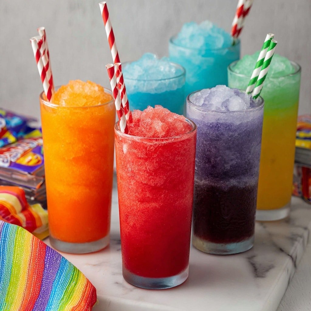 A clear blender jar filled with crushed ice on top of red liquid, showing two layers: a bottom layer of bright red Kool-Aid liquid and a top layer of white crushed ice chunks. The jar has a dark handle in front and sits on a white marbled surface with a colorful striped cloth beneath it, and a red Kool-Aid packet on the surface near the jar. Photo taken with an iphone --ar 1:1 --v 7 — Refreshing Kool-Aid Slushie, Kool-Aid Slushie Recipe, Summer Slushie Drink, Easy Frozen Kool-Aid, Vibrant Cold Beverage