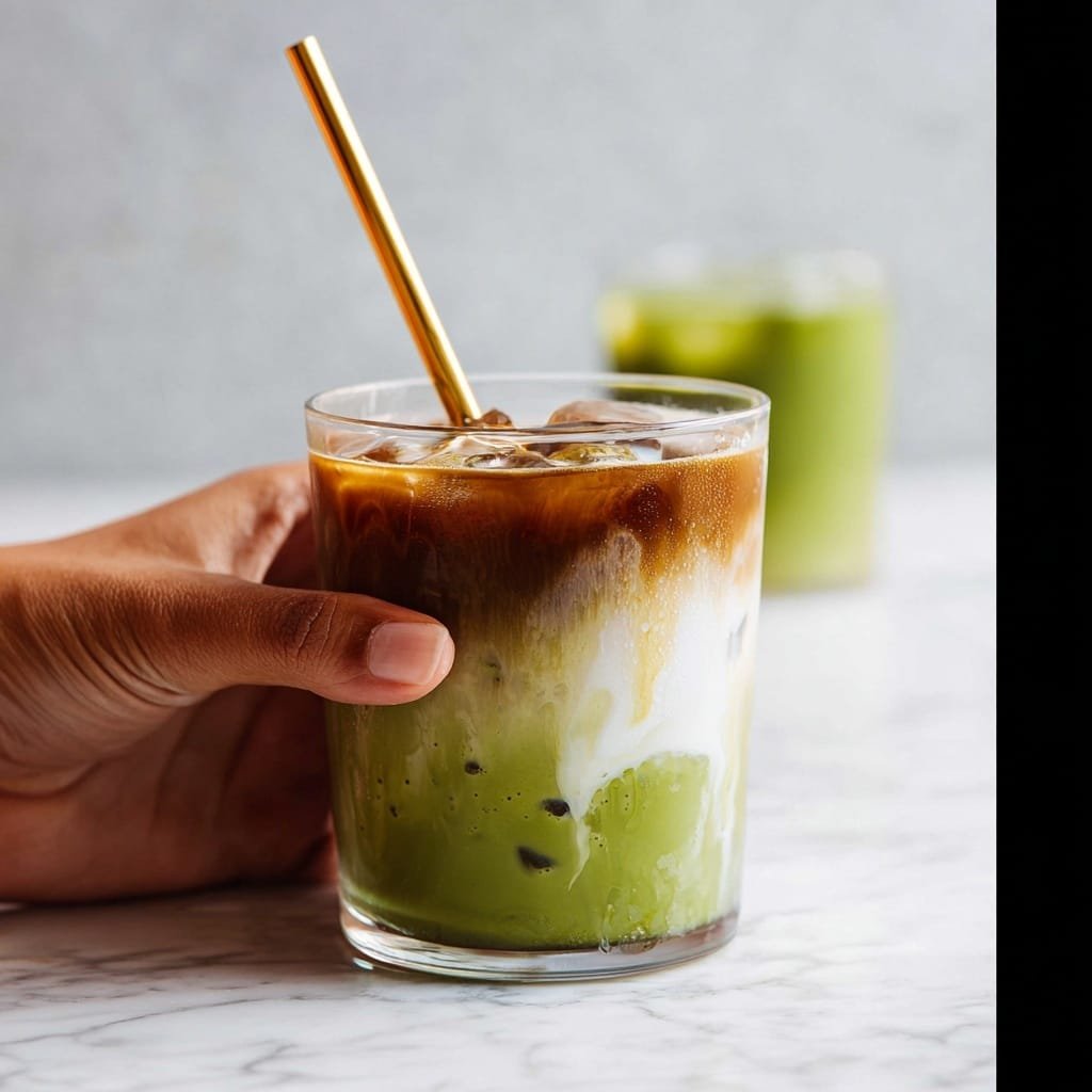 A clear glass filled with three visible layers, the bottom layer is a green matcha liquid with some ice cubes, the middle layer is a white creamy liquid swirling through the green layer, and the top layer is a dark brown coffee. A gold straw stands inside the glass, and a woman's hand is holding the glass from the right side. The glass is set on a white marbled surface with a blurred matching drink in the background. photo taken with an iphone --ar 1:1 --v 7 — Iced Pistachio Latte, pistachio coffee drink, chilled coffee with pistachios, easy iced latte recipe, creamy pistachio coffee