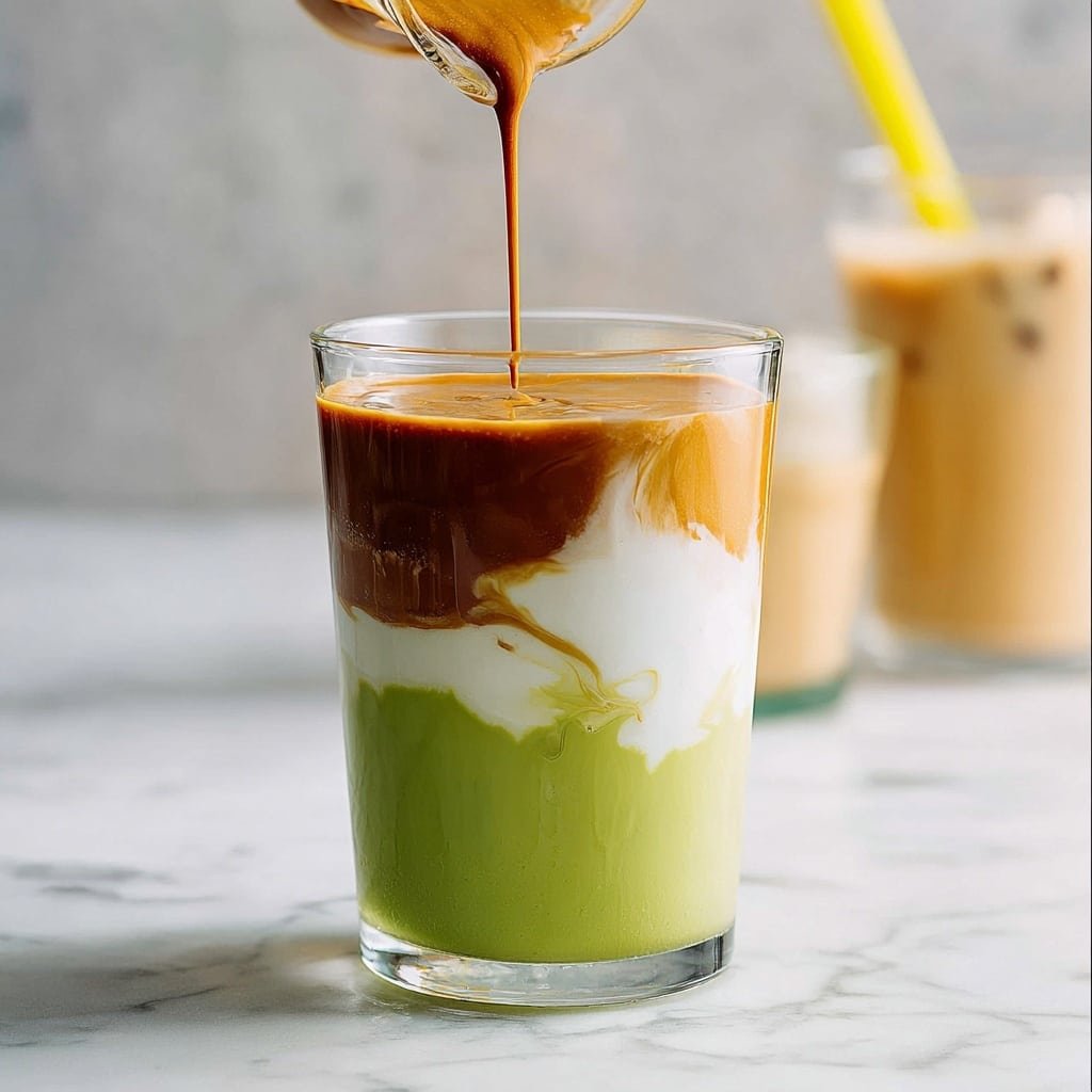 The image shows a clear glass filled with three layers of a drink, resting on a white marbled surface. The bottom layer is a thick green matcha with small black ice cubes scattered inside. The middle layer is a light creamy white, softly blending into the green below and the coffee above. The top layer is a rich, frothy brown coffee that gently mixes into the cream beneath. A woman's hand is holding a shiny gold metal straw, stirring the drink from the top. In the blurred background, another glass with the same layered drink and a gold straw is visible. Photo taken with an iphone --ar 1:1 --v 7 — Iced Pistachio Latte, pistachio coffee drink, chilled coffee with pistachios, easy iced latte recipe, creamy pistachio coffee
