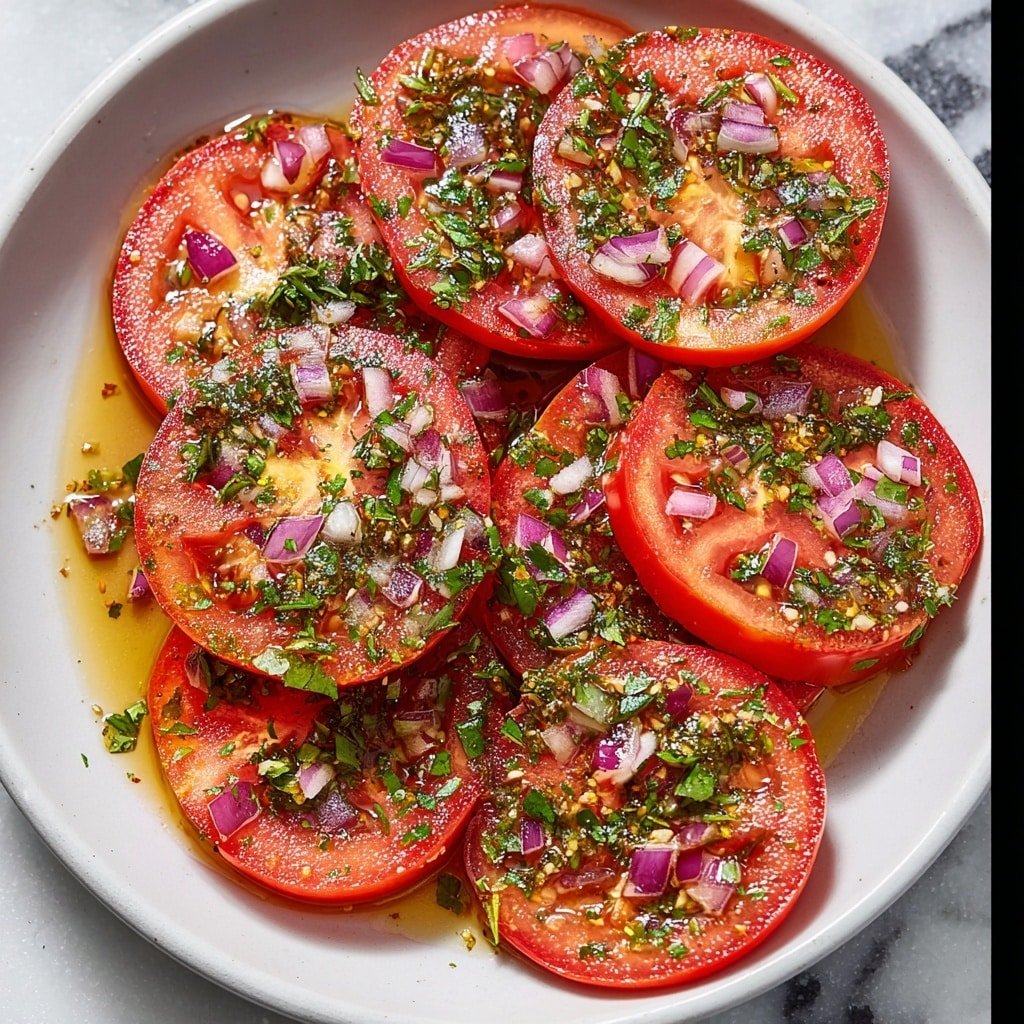 The image shows a white plate with eight round slices of red tomatoes arranged overlapping each other in a circle. On top of the tomato slices, there is a layer of finely chopped green herbs mixed with small pieces of purple onion, giving a fresh and colorful look. The plate is placed on a white marbled surface, creating a clean and bright setting. The tomato slices shine slightly, looking juicy and fresh, and the herbs add texture and color contrast. photo taken with an iphone --ar 1:1 --v 7 — Marinated Tomato Salad with Herbs, healthy tomato salad, easy summer salad, fresh herb tomato salad, flavorful tomato side dish