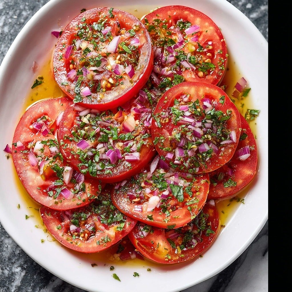 A white plate holds a single layer of large red tomato slices arranged in a circle with some overlapping in the center. The tomato slices are topped with a mix of finely chopped green herbs and red onions that create a speckled texture across the surface, with a light sheen from olive oil. Around the plate, there are loose fresh green herbs including basil and parsley and two tomato halves placed on a white marbled surface. A white cloth is casually placed in the lower right corner. The photo is taken with an iphone --ar 1:1 --v 7 — Marinated Tomato Salad with Herbs, healthy tomato salad, easy summer salad, fresh herb tomato salad, flavorful tomato side dish