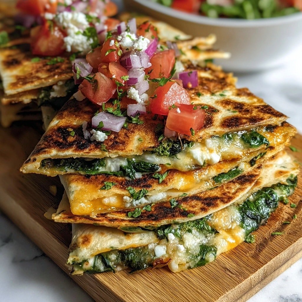 The image shows a stack of four quesadilla slices layered on a wooden board, each slice slightly overlapping the other. The quesadilla shells are golden brown with some darker toasted spots, and inside, there is a visible layer of melted cheese mixed with green leafy spinach. On top of the quesadillas, there's a garnish of diced red tomatoes, chopped red onions, and small white cheese crumbles with sprinkled fresh green herbs. In the background, part of a white bowl with a salad is slightly visible on a white marbled surface. photo taken with an iphone --ar 1:1 --v 7 — Mediterranean Spinach and Feta Quesadillas, healthy quesadilla recipes, easy vegetarian dinner, quick weeknight meals, flavorful cheese and vegetable quesadillas