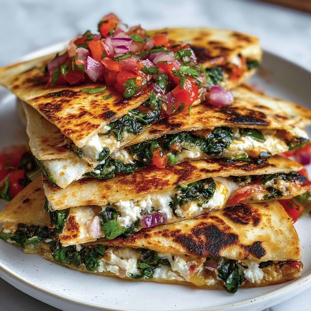A stack of four large folded flatbreads, each cut into triangular pieces. The flatbreads have a golden-brown, slightly crispy outer layer with dark toasted spots. Inside, there are three main filling layers: a bright green layer of cooked spinach and herbs, a layer of white crumbly cheese, and a colorful layer of diced red onions and tomatoes. The filling is spilling out slightly between the flatbread layers, showing a mix of textures from soft cheese to tender vegetables. The flatbreads are served on a round white plate on a white marbled surface, with a few loose pieces of the vegetable and cheese mixture scattered around. Photo taken with an iphone --ar 1:1 --v 7 — Mediterranean Spinach and Feta Quesadillas, healthy quesadilla recipes, easy vegetarian dinner, quick weeknight meals, flavorful cheese and vegetable quesadillas