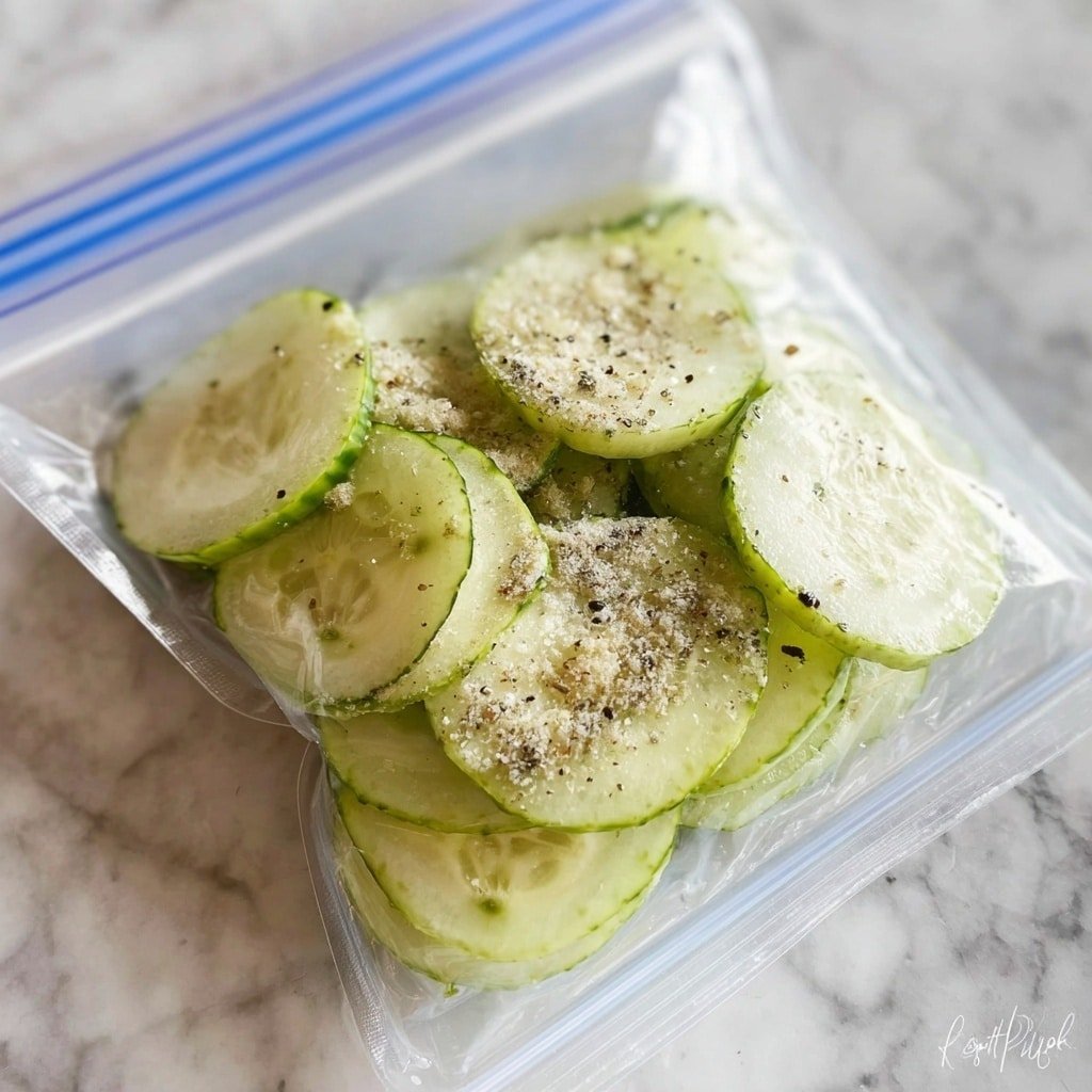 The image shows a clear plastic zip-top bag filled with two layers of light green cucumber slices. The top layer is sprinkled with a pale, powdery mix of light beige seasoning with tiny black and green specks. The cucumber slices are thin and textured with small seed marks visible. The background shows a white marbled texture. photo taken with an iphone --ar 1:1 --v 7 — Crunchy Ranch Cucumber Chips, healthy cucumber snack, homemade vegetable chips, easy cucumber chip recipe, savory cucumber snack