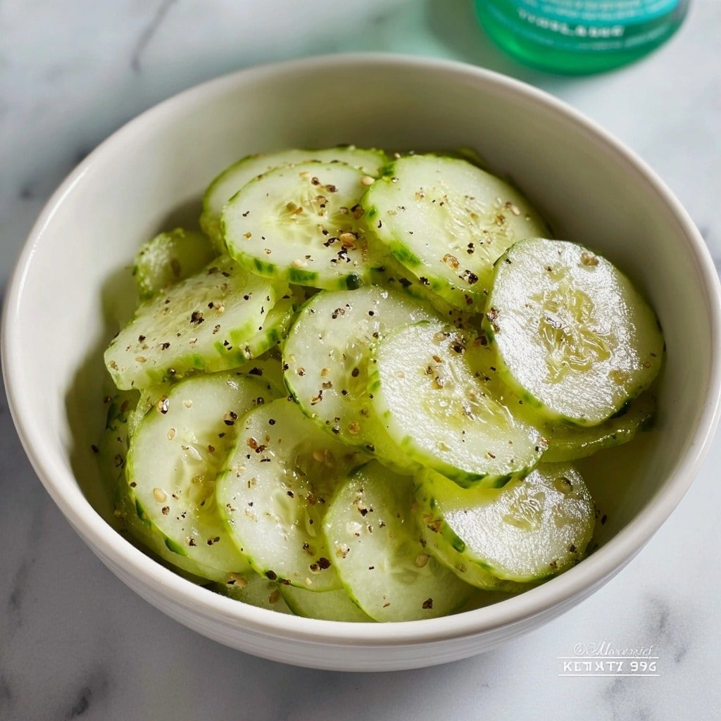 A white bowl filled with thinly sliced cucumber rounds stacked loosely in layers, each cucumber slice showing a pale green color with light watery texture and small black specks of seasoning sprinkled evenly over them, sitting on a white marbled surface with a blurred background that includes a nutrition label on a bottle. Photo taken with an iphone --ar 1:1 --v 7 — Crunchy Ranch Cucumber Chips, healthy cucumber snack, homemade vegetable chips, easy cucumber chip recipe, savory cucumber snack