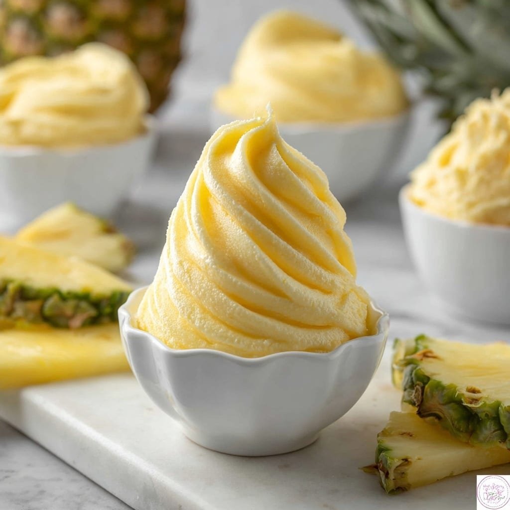 A swirl of soft, pale yellow pineapple soft serve ice cream is nicely scooped high in a small white bowl with scalloped edges. The ice cream has a smooth, creamy texture with visible ridges from the swirling. Behind and to the side, there are other bowls with the same ice cream, as well as fresh pineapple slices showing bright yellow flesh and green skin edges, all placed on a white marbled surface. The scene is softly lit, giving a fresh and inviting look. photo taken with an iphone --ar 1:1 --v 7 — Dole Pineapple Whip, Pineapple Whip Copycat, Homemade Pineapple Dessert, Tropical Frozen Treat, Easy Pineapple Smoothie