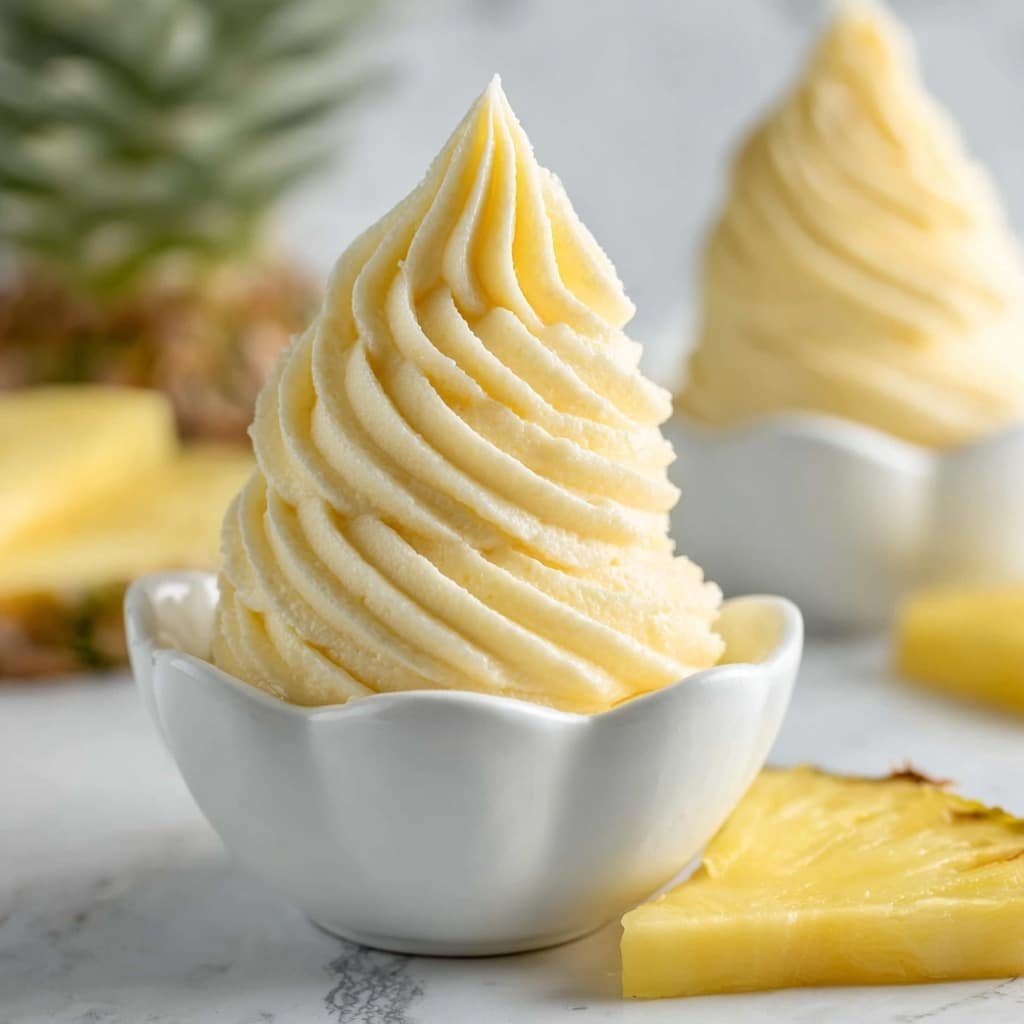 The image shows a white scalloped bowl with a tall swirl of smooth, creamy, pale yellow mashed potatoes in the center. The texture of the potatoes looks soft and light, with clear spiral ridges from piping. Behind this bowl, there are slices of pineapple with yellow and green tones, resting on a white marbled surface. A few green leaves lie nearby, adding a fresh look to the scene. The background is softly blurred, keeping the focus on the bowl with mashed potatoes. photo taken with an iphone --ar 1:1 --v 7 — Dole Pineapple Whip, Pineapple Whip Copycat, Homemade Pineapple Dessert, Tropical Frozen Treat, Easy Pineapple Smoothie
