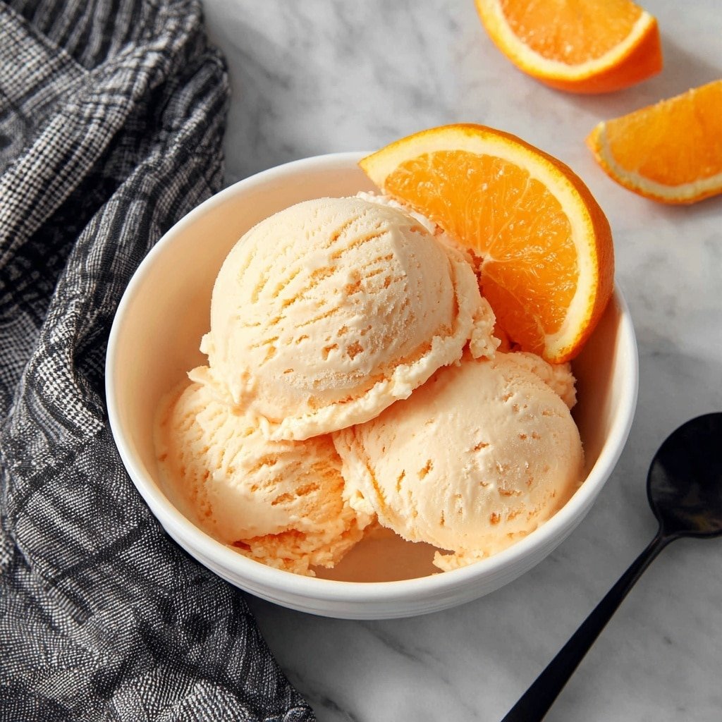 A white bowl filled with three scoops of light orange ice cream with a soft, creamy texture is topped with a bright orange slice resting on the side. The bowl sits on a white marbled surface with a black spoon placed nearby, and a folded black and white checkered cloth is draped in the background. Part of another orange slice is visible on the right side of the image. Photo taken with an iphone --ar 1:1 --v 7 — Homemade Orange Ice Cream, orange ice cream recipe, citrus ice cream, homemade frozen dessert, easy orange ice cream