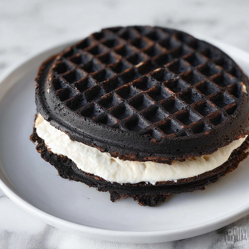 The image shows a sandwich made of two dark black waffles with a grid pattern, stacked with a thick, creamy white filling in the middle clearly visible between the waffles. The top and bottom waffles have a rough, slightly burnt texture with small holes and uneven edges. The sandwich is placed on a white plate, resting on a white marbled surface. The lighting highlights the contrast between the dark waffles and the bright filling. photo taken with an iphone --ar 1:1 --v 7 — Keto Oreo Chaffles, keto dessert recipes, low-carb dessert ideas, chocolate chaffles, keto breakfast snacks