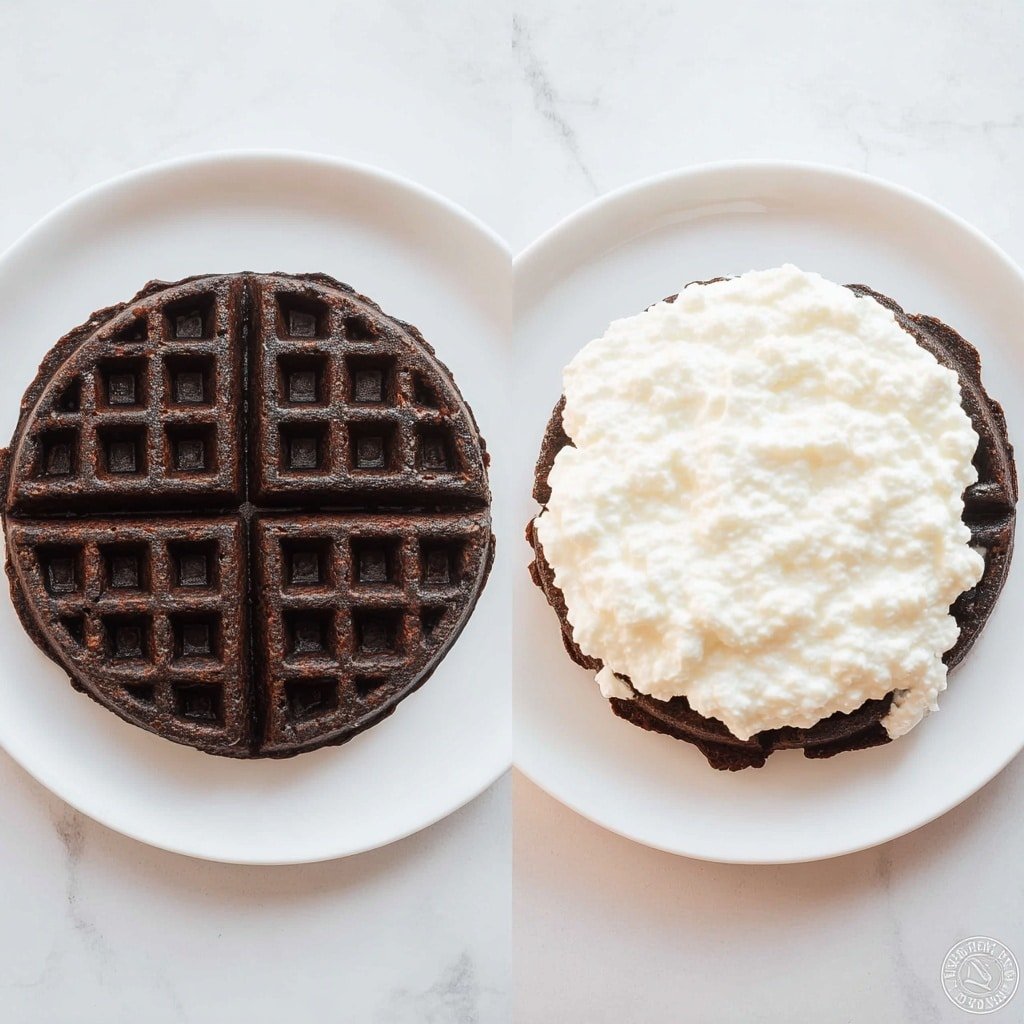 A close-up view of a sandwich-style dessert features two thick, dark black waffle layers on top and bottom, each with a textured grid pattern and rough edges. Between them is a thick layer of soft, white cream filling that looks light and fluffy, slightly spilling over the edges. The sandwich sits on a simple white plate, and in the blurred background, there is a white cup and a striped black and white cloth. The surface under the plate has a white marbled texture. Photo taken with an iphone --ar 1:1 --v 7 — Keto Oreo Chaffles, keto dessert recipes, low-carb dessert ideas, chocolate chaffles, keto breakfast snacks