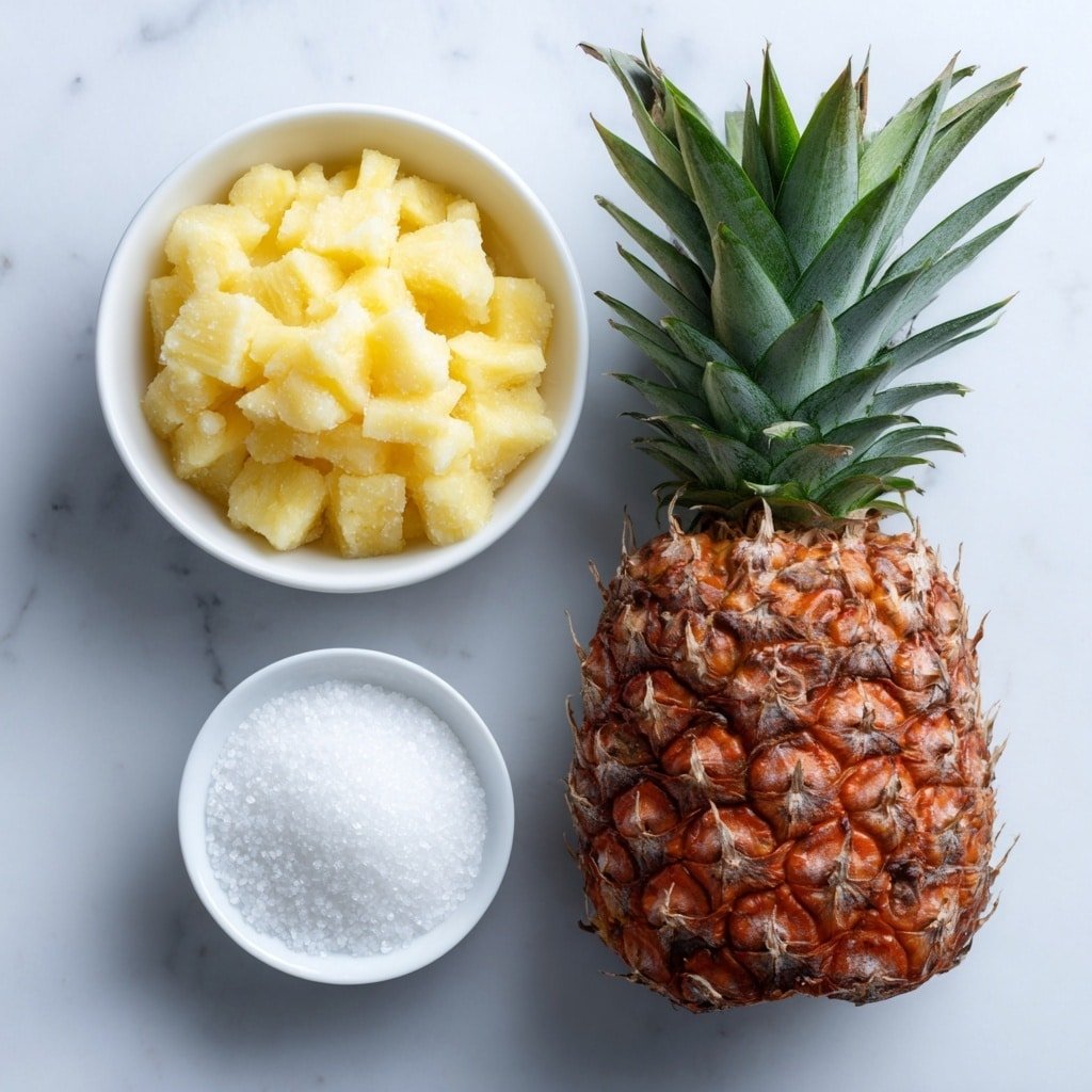 Flat lay of a whole ripe pineapple with green spiky leaves and golden yellow textured skin, a small white ceramic bowl filled with freshly crushed pineapple bits glowing with juicy moisture, a small white ceramic bowl holding sparkling white granulated sugar, all arranged in perfect symmetry, placed on a clean white marble surface, soft natural light, photo taken with an iPhone, professional food photography style, fresh ingredients, white ceramic bowls, no bottles, no duplicates, no utensils, no packaging --ar 1:1 --v 7 --p m7354639359234015250 — Sweet Pineapple Jam, pineapple jam recipe, homemade pineapple jam, tropical fruit jam, easy fruit preserves