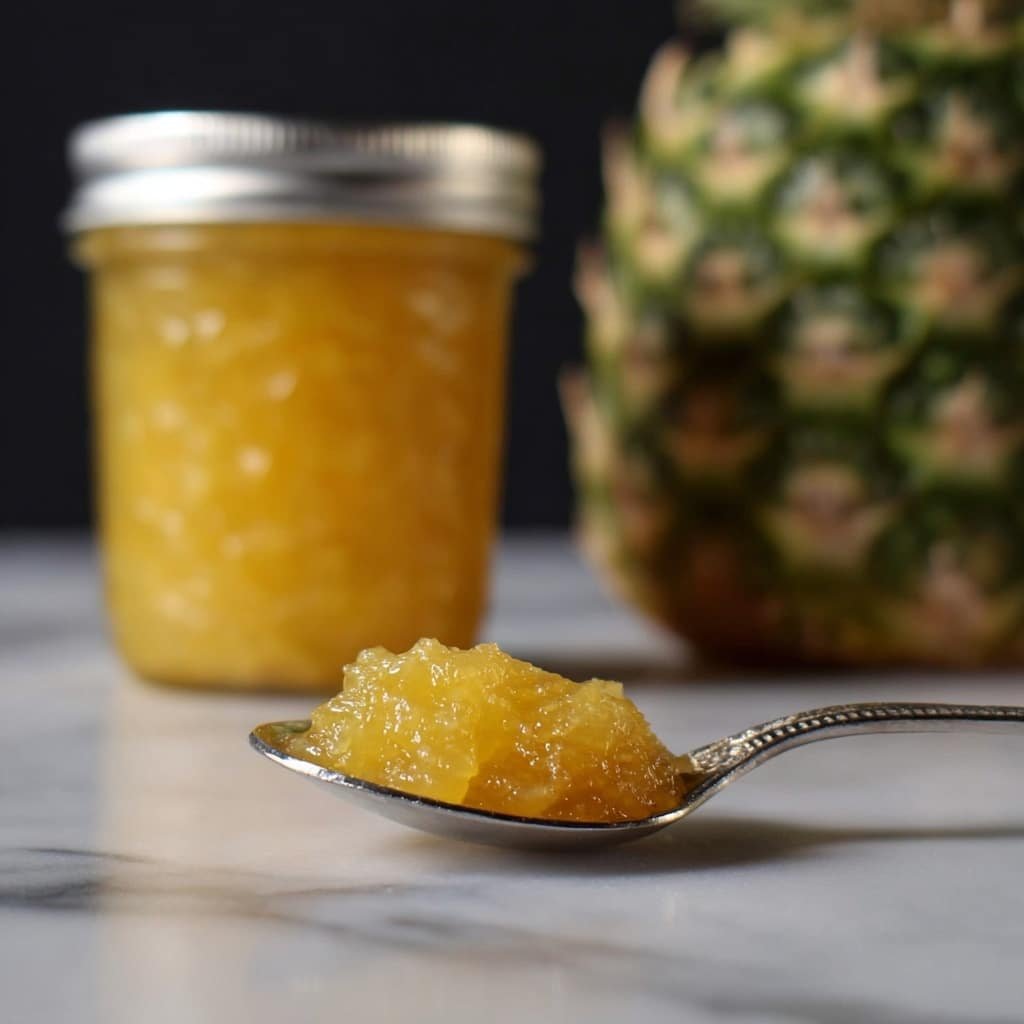 A close-up view of a small heap of bright yellow pineapple jam resting on a shiny silver spoon placed on a white marbled surface. Behind the spoon, there is a clear glass jar filled with the same yellow jam, topped with a silver lid. Further back, slightly out of focus, is a whole pineapple with its textured green and yellow skin. The background is dark, making the yellow jam and pineapple stand out clearly. Photo taken with an iphone --ar 1:1 --v 7 — Sweet Pineapple Jam, pineapple jam recipe, homemade pineapple jam, tropical fruit jam, easy fruit preserves