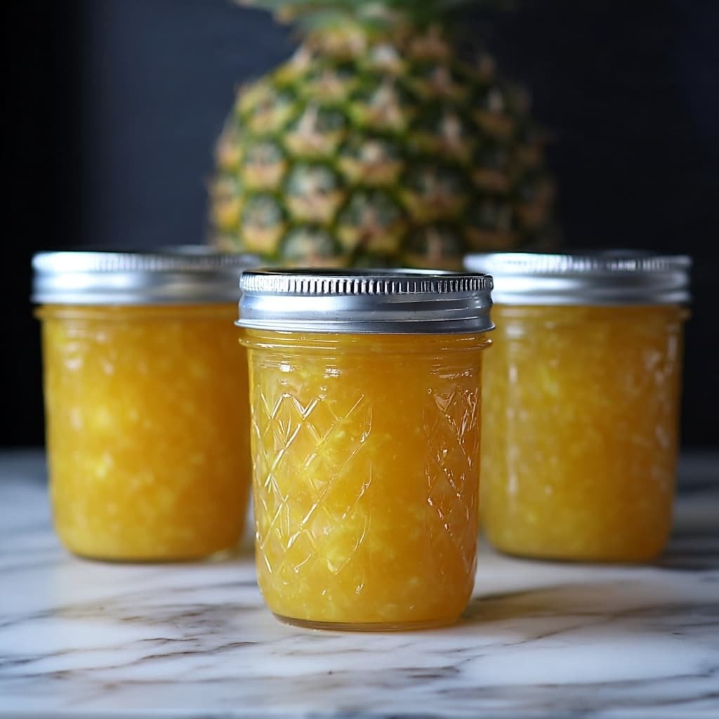 A clear glass jar filled with bright yellow pineapple jam, showing a thick and slightly chunky texture, with a silver spoon inserted in the jar that has a decorative floral design on the handle. The jar is positioned on a white marbled surface, next to a white cloth with black grid lines, and blurred pineapple skin visible in the background. photo taken with an iphone --ar 1:1 --v 7 — Sweet Pineapple Jam, pineapple jam recipe, homemade pineapple jam, tropical fruit jam, easy fruit preserves