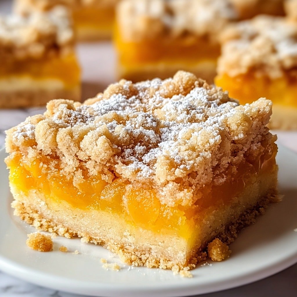 A close-up shows a single square piece of crumbly pie with three layers: a light golden crumbly crust at the bottom, a thick bright orange smooth fruit filling in the middle, and a top layer of rough, golden crumb topping dusted with fine white powdered sugar. The square piece sits on a white plate with more similar squares blurred in the background on a white marbled surface. Small crumbs scatter around the edges. Photo taken with an iphone --ar 1:1 --v 7 — Apricot Shortbread Bars, Apricot Shortbread Bars recipe, easy apricot bars, fruity shortbread dessert, homemade apricot bars
