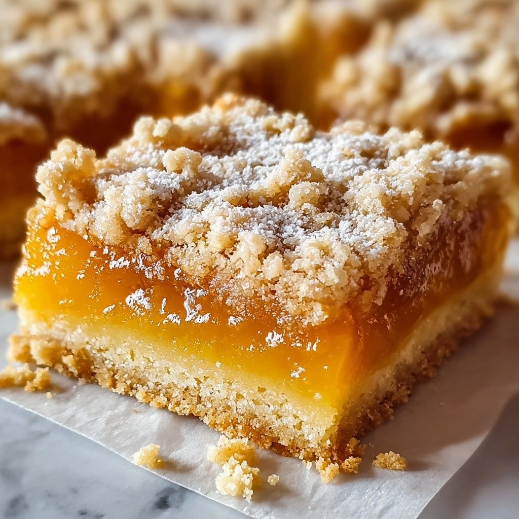 The image shows square pieces of dessert bars with three layers on a white marbled surface. The bottom layer is a firm, light brown crust. The middle layer is a thick, shiny orange filling with a smooth texture. The top layer is crumbly and golden, sprinkled with white powdered sugar, giving it a soft, textured look. Small crumbs are scattered around the bars. Photo taken with an iphone --ar 1:1 --v 7 — Apricot Shortbread Bars, Apricot Shortbread Bars recipe, easy apricot bars, fruity shortbread dessert, homemade apricot bars