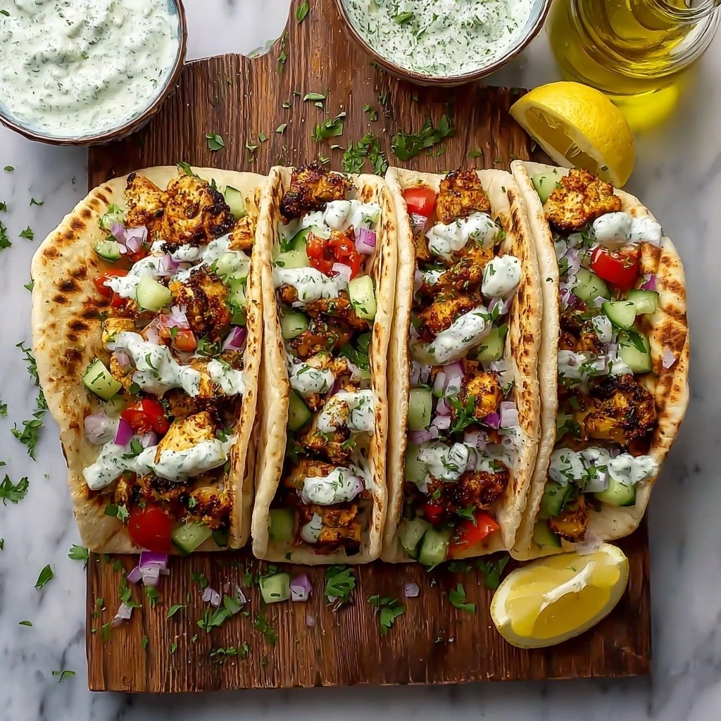The image shows three soft, slightly charred white flatbreads folded and filled with grilled golden-brown chicken pieces. On top of the chicken, there are chopped bright red tomatoes and fresh light green cucumber pieces, all sprinkled with fresh green herbs. White creamy sauce with green specks is drizzled generously over the fillings. The first flatbread is held by a woman's hand, and all are placed on a wooden board with a white marbled background. In the background, there is a small white bowl with more creamy sauce and a blurred olive oil bottle. photo taken with an iphone --ar 1:1 --v 7 — Grilled Mediterranean Chicken Tacos, Mediterranean chicken tacos, grilled chicken tacos, flavorful chicken tacos, easy taco recipes